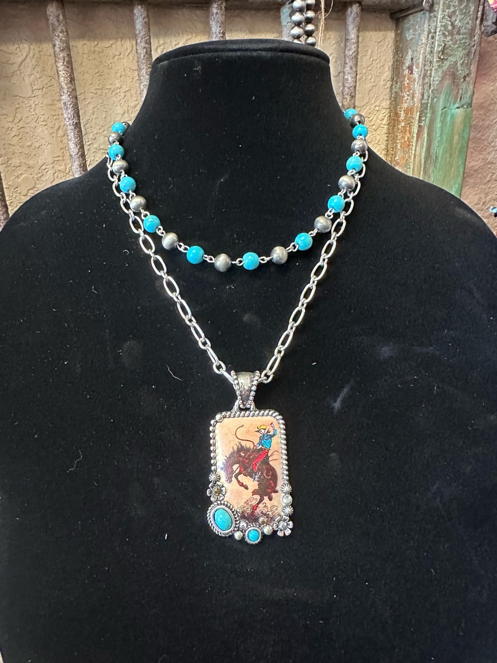 Turquoise Bead Western Bronc Rider Pendant Necklace